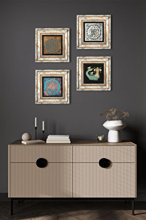 Yaşam Çiçeği, Çini Sanatı, Şahmeran Taş Duvar Tablosu Çerçeveli Duvar Dekoru 4 Parça Tablo Seti Wall Art