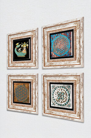 Yaşam Çiçeği, Çini Sanatı, Şahmeran Taş Duvar Tablosu Çerçeveli Duvar Dekoru 4 Parça Tablo Seti Wall Art