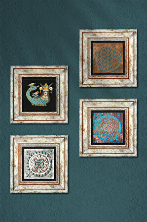 Yaşam Çiçeği, Çini Sanatı, Şahmeran Taş Duvar Tablosu Çerçeveli Duvar Dekoru 4 Parça Tablo Seti Wall Art