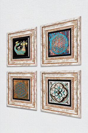 Yaşam Çiçeği, Çini Sanatı, Şahmeran Taş Duvar Tablosu Çerçeveli Duvar Dekoru 4 Parça Tablo Seti Wall Art