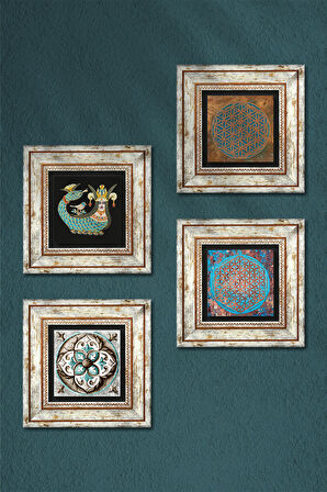 Yaşam Çiçeği, Çini Sanatı, Şahmeran Taş Duvar Tablosu Çerçeveli Duvar Dekoru 4 Parça Tablo Seti Wall Art