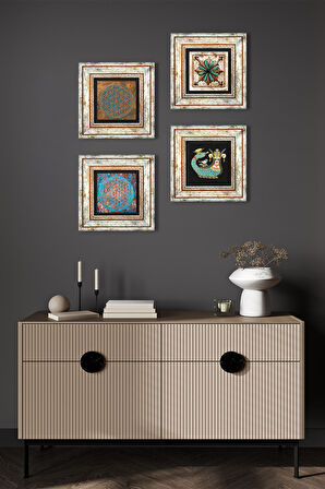 Yaşam Çiçeği, Fas Desenli Vintage, Şahmeran Taş Duvar Tablosu Çerçeveli Duvar Dekoru 4 Parça Tablo Seti Wall Art
