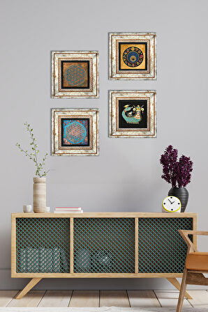 Yaşam Çiçeği, Nazar, Şahmeran Taş Duvar Tablosu Çerçeveli Duvar Dekoru 4 Parça Tablo Seti Wall Art