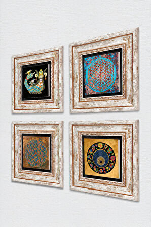 Yaşam Çiçeği, Nazar, Şahmeran Taş Duvar Tablosu Çerçeveli Duvar Dekoru 4 Parça Tablo Seti Wall Art