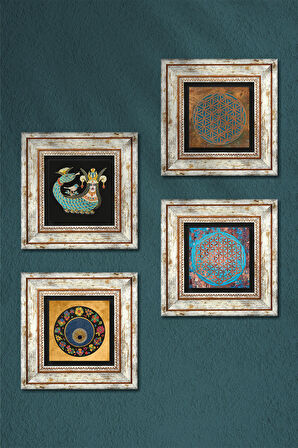 Yaşam Çiçeği, Nazar, Şahmeran Taş Duvar Tablosu Çerçeveli Duvar Dekoru 4 Parça Tablo Seti Wall Art