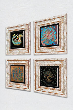 Yaşam Çiçeği, Hayat Ağacı, Şahmeran Taş Duvar Tablosu Çerçeveli Duvar Dekoru 4 Parça Tablo Seti Wall Art