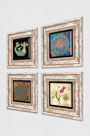 Yaşam Çiçeği, Lale, Şahmeran Taş Duvar Tablosu Çerçeveli Duvar Dekoru 4 Parça Tablo Seti Wall Art