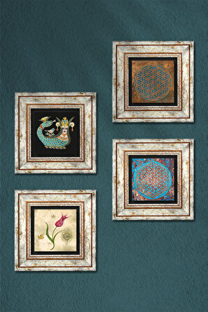 Yaşam Çiçeği, Lale, Şahmeran Taş Duvar Tablosu Çerçeveli Duvar Dekoru 4 Parça Tablo Seti Wall Art