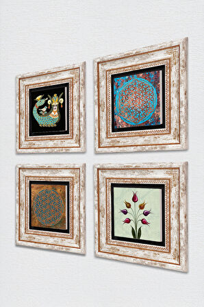 Yaşam Çiçeği, Lale, Şahmeran Taş Duvar Tablosu Çerçeveli Duvar Dekoru 4 Parça Tablo Seti Wall Art