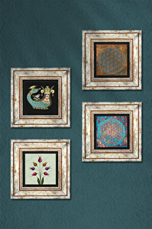 Yaşam Çiçeği, Lale, Şahmeran Taş Duvar Tablosu Çerçeveli Duvar Dekoru 4 Parça Tablo Seti Wall Art