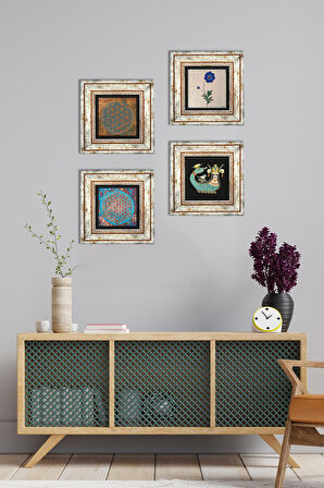 Yaşam Çiçeği, Ebru Sanatı, Şahmeran Taş Duvar Tablosu Çerçeveli Duvar Dekoru 4 Parça Tablo Seti Wall Art
