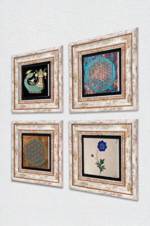 Yaşam Çiçeği, Ebru Sanatı, Şahmeran Taş Duvar Tablosu Çerçeveli Duvar Dekoru 4 Parça Tablo Seti Wall Art