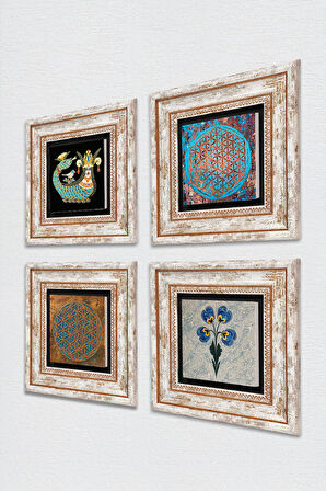 Yaşam Çiçeği, Ebru Sanatı, Şahmeran Taş Duvar Tablosu Çerçeveli Duvar Dekoru 4 Parça Tablo Seti Wall Art