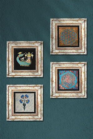 Yaşam Çiçeği, Ebru Sanatı, Şahmeran Taş Duvar Tablosu Çerçeveli Duvar Dekoru 4 Parça Tablo Seti Wall Art