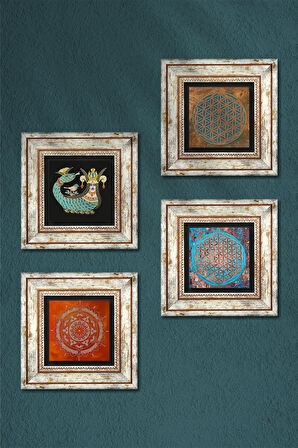 Yaşam Çiçeği, Mandala, Şahmeran Taş Duvar Tablosu Çerçeveli Duvar Dekoru 4 Parça Tablo Seti Wall Art