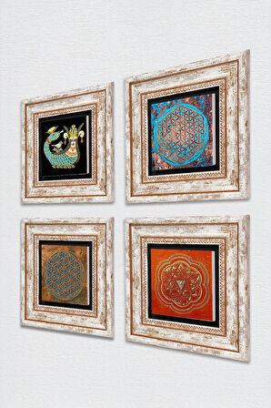 Yaşam Çiçeği, Sri Yantra, Şahmeran Taş Duvar Tablosu Çerçeveli Duvar Dekoru 4 Parça Tablo Seti Wall Art