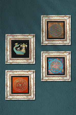 Yaşam Çiçeği, Sri Yantra, Şahmeran Taş Duvar Tablosu Çerçeveli Duvar Dekoru 4 Parça Tablo Seti Wall Art