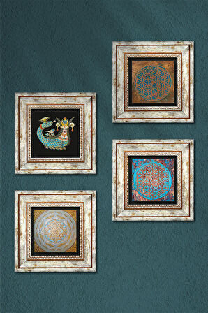 Yaşam Çiçeği, Sri Yantra, Şahmeran Taş Duvar Tablosu Çerçeveli Duvar Dekoru 4 Parça Tablo Seti Wall Art
