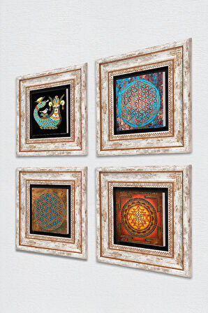 Yaşam Çiçeği, Sri Yantra, Şahmeran Taş Duvar Tablosu Çerçeveli Duvar Dekoru 4 Parça Tablo Seti Wall Art
