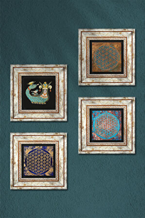 Yaşam Çiçeği, Şahmeran Taş Duvar Tablosu Çerçeveli Duvar Dekoru 4 Parça Tablo Seti Wall Art