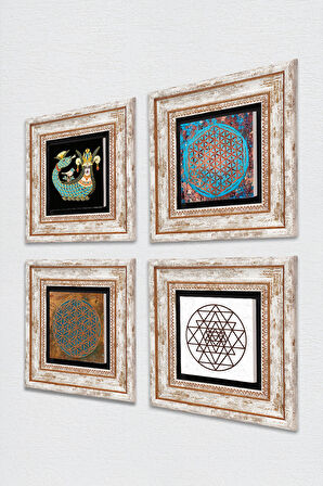Yaşam Çiçeği, Sri Yantra, Şahmeran Taş Duvar Tablosu Çerçeveli Duvar Dekoru 4 Parça Tablo Seti Wall Art