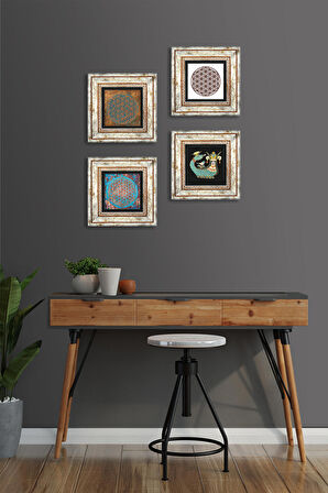 Yaşam Çiçeği, Şahmeran Taş Duvar Tablosu Çerçeveli Duvar Dekoru 4 Parça Tablo Seti Wall Art