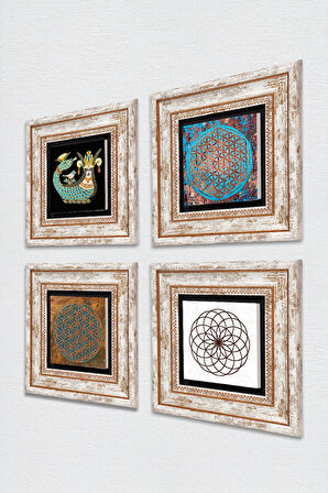 Yaşam Çiçeği, Şahmeran Taş Duvar Tablosu Çerçeveli Duvar Dekoru 4 Parça Tablo Seti Wall Art