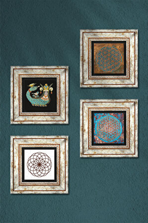 Yaşam Çiçeği, Şahmeran Taş Duvar Tablosu Çerçeveli Duvar Dekoru 4 Parça Tablo Seti Wall Art