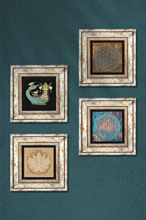 Yaşam Çiçeği, Lotus Çiçeği, Şahmeran Taş Duvar Tablosu Çerçeveli Duvar Dekoru 4 Parça Tablo Seti Wall Art