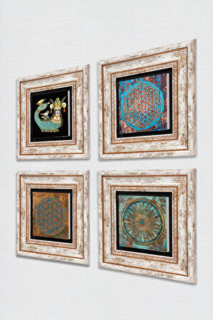 Yaşam Çiçeği, Şahmeran Taş Duvar Tablosu Çerçeveli Duvar Dekoru 4 Parça Tablo Seti Wall Art