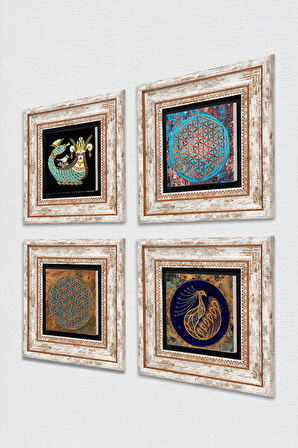 Yaşam Çiçeği, Tavus Kuşu, Şahmeran Taş Duvar Tablosu Çerçeveli Duvar Dekoru 4 Parça Tablo Seti Wall Art