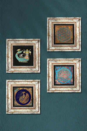 Yaşam Çiçeği, Tavus Kuşu, Şahmeran Taş Duvar Tablosu Çerçeveli Duvar Dekoru 4 Parça Tablo Seti Wall Art
