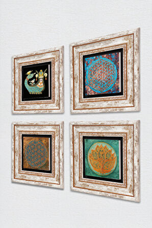 Yaşam Çiçeği, Lotus Çiçeği, Şahmeran Taş Duvar Tablosu Çerçeveli Duvar Dekoru 4 Parça Tablo Seti Wall Art