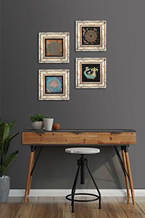 Sri Yantra, Yaşam Çiçeği, Şahmeran Taş Duvar Tablosu Çerçeveli Duvar Dekoru 4 Parça Tablo Seti Wall Art