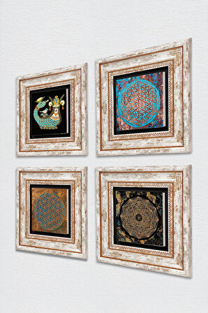 Sri Yantra, Yaşam Çiçeği, Şahmeran Taş Duvar Tablosu Çerçeveli Duvar Dekoru 4 Parça Tablo Seti Wall Art