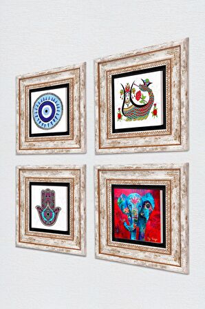 Nazar, Fil, Fatma Ana Eli (Hamsa), Şahmeran Taş Duvar Tablosu Çerçeveli Duvar Dekoru 4 Parça Tablo Seti Wall Art