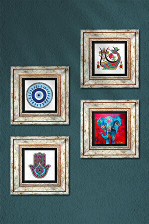 Nazar, Fil, Fatma Ana Eli (Hamsa), Şahmeran Taş Duvar Tablosu Çerçeveli Duvar Dekoru 4 Parça Tablo Seti Wall Art