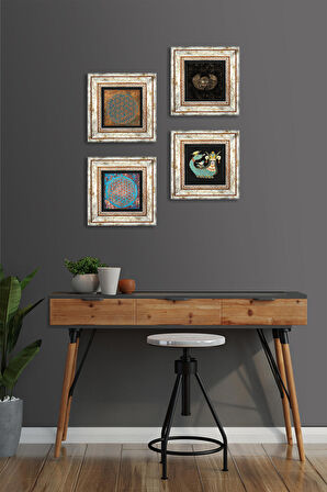 Horus'un Gözü, Yaşam Çiçeği, Şahmeran Taş Duvar Tablosu Çerçeveli Duvar Dekoru 4 Parça Tablo Seti Wall Art