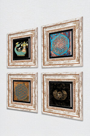 Horus'un Gözü, Yaşam Çiçeği, Şahmeran Taş Duvar Tablosu Çerçeveli Duvar Dekoru 4 Parça Tablo Seti Wall Art