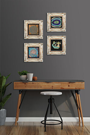 Nazar, Yaşam Çiçeği, Şahmeran Taş Duvar Tablosu Çerçeveli Duvar Dekoru 4 Parça Tablo Seti Wall Art