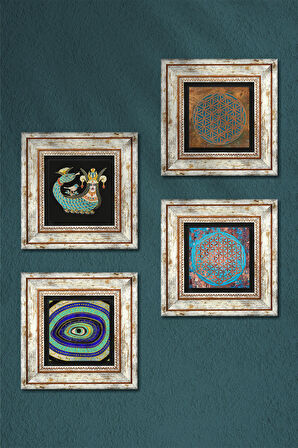 Nazar, Yaşam Çiçeği, Şahmeran Taş Duvar Tablosu Çerçeveli Duvar Dekoru 4 Parça Tablo Seti Wall Art