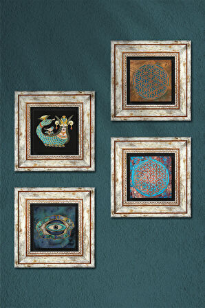 Nazar, Yaşam Çiçeği, Şahmeran Taş Duvar Tablosu Çerçeveli Duvar Dekoru 4 Parça Tablo Seti Wall Art