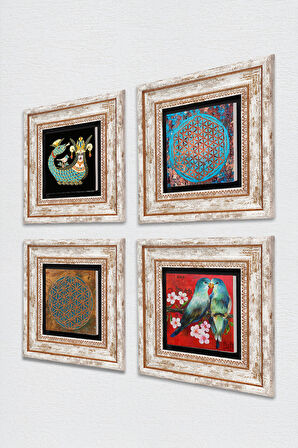 Kuş, Yaşam Çiçeği, Şahmeran Taş Duvar Tablosu Çerçeveli Duvar Dekoru 4 Parça Tablo Seti Wall Art