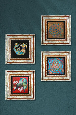 Kuş, Yaşam Çiçeği, Şahmeran Taş Duvar Tablosu Çerçeveli Duvar Dekoru 4 Parça Tablo Seti Wall Art