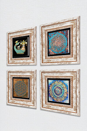 Mandala, Yaşam Çiçeği, Şahmeran Taş Duvar Tablosu Çerçeveli Duvar Dekoru 4 Parça Tablo Seti Wall Art