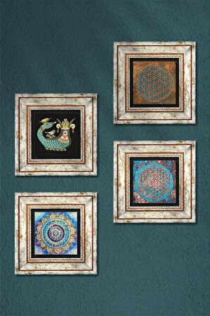 Mandala, Yaşam Çiçeği, Şahmeran Taş Duvar Tablosu Çerçeveli Duvar Dekoru 4 Parça Tablo Seti Wall Art