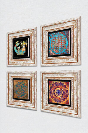 Mandala, Yaşam Çiçeği, Şahmeran Taş Duvar Tablosu Çerçeveli Duvar Dekoru 4 Parça Tablo Seti Wall Art