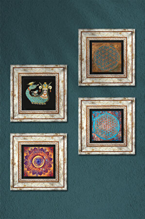 Mandala, Yaşam Çiçeği, Şahmeran Taş Duvar Tablosu Çerçeveli Duvar Dekoru 4 Parça Tablo Seti Wall Art