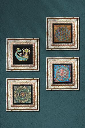 Mandala, Yaşam Çiçeği, Şahmeran Taş Duvar Tablosu Çerçeveli Duvar Dekoru 4 Parça Tablo Seti Wall Art