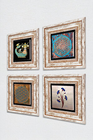 Ebru Sanatı, Yaşam Çiçeği, Şahmeran Taş Duvar Tablosu Çerçeveli Duvar Dekoru 4 Parça Tablo Seti Wall Art